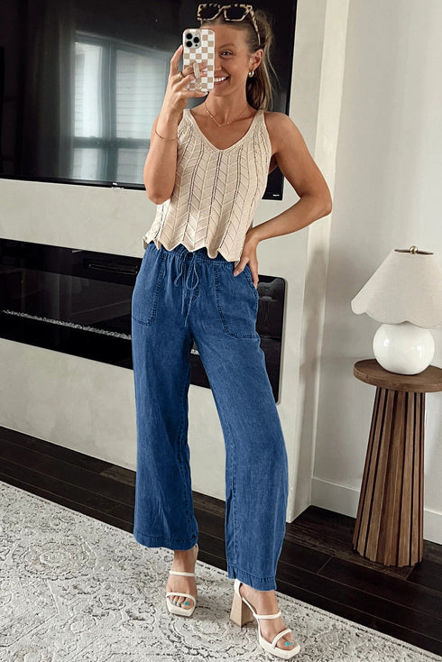 Mineral Wash Drawstring Waist Loose Straight Denim Pants